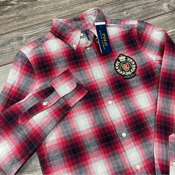 Polo Ralph Lauren Womens Plaid Flannel Crest Button Up Shirt Red‎ Gray SMALL NWT - Picture 1 of 9